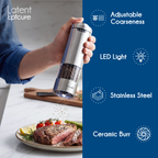 Electric pepper grinder showing adjustable coarseness, LED light, stainless steel body and ceramic burr