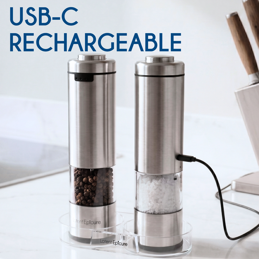 USB-C rechargeable Latent Epicure salt and pepper grinders displayed in the Clear Acrylic Grinder Rest Tray