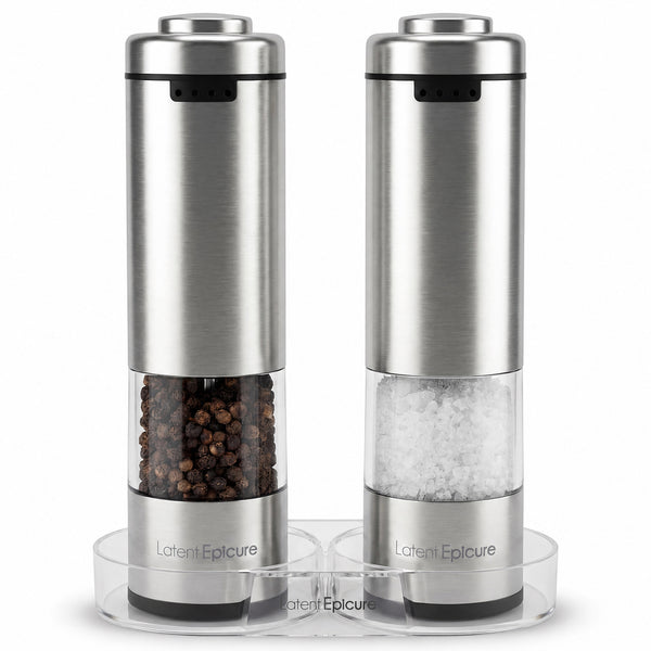 Latent Epicure USB-C rechargeable electric salt and pepper grinder set with charging tray