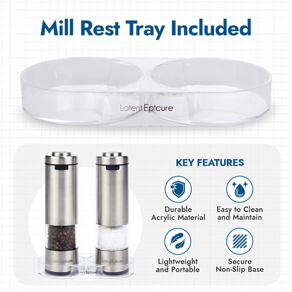 USB-C Rechargeable Salt & Pepper Grinder Set (2 Mills + Mill Rest Tray)
