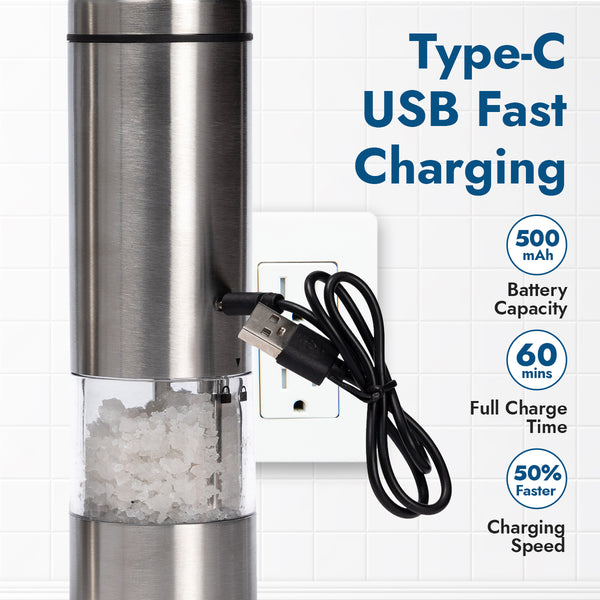USB-C Rechargeable Salt & Pepper Grinder Set (2 Mills + Mill Rest Tray)