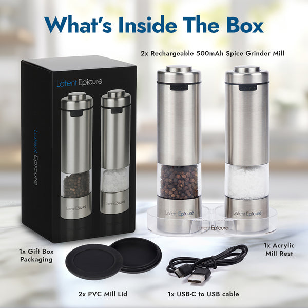 USB-C Rechargeable Salt & Pepper Grinder Set (2 Mills + Mill Rest Tray)